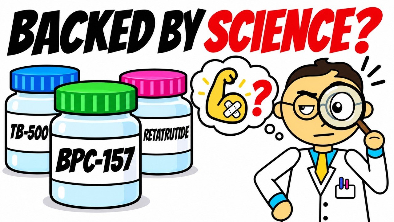Backed by science? Bottles labeled TB-500, BPC-157 and retatrutide, with our mascot inspecting them.